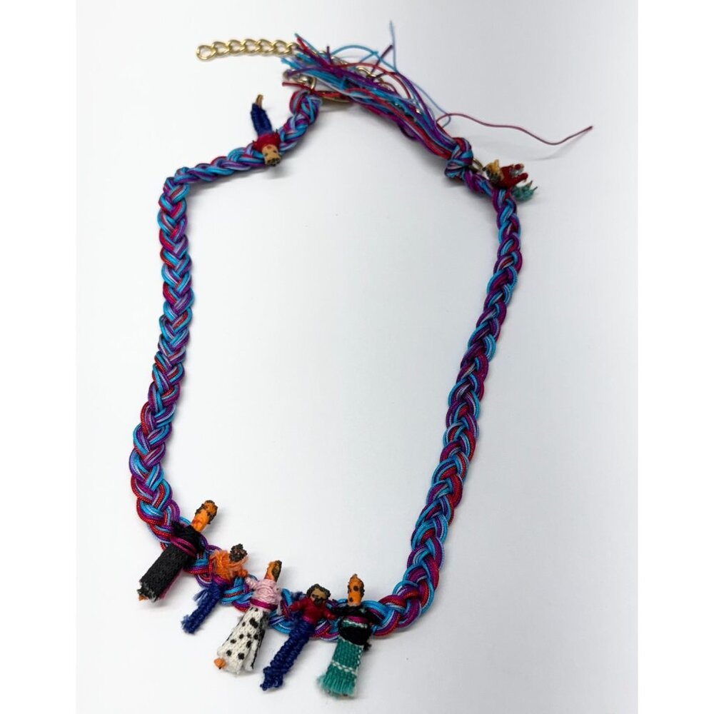 Vintage woven worry doll necklace multicolor braid